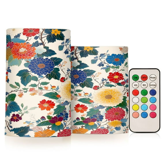 Yayeee Flameless Candles with Remote Flickering Battery Operated Multi Color Changing, Red Japanese Floral Pattern