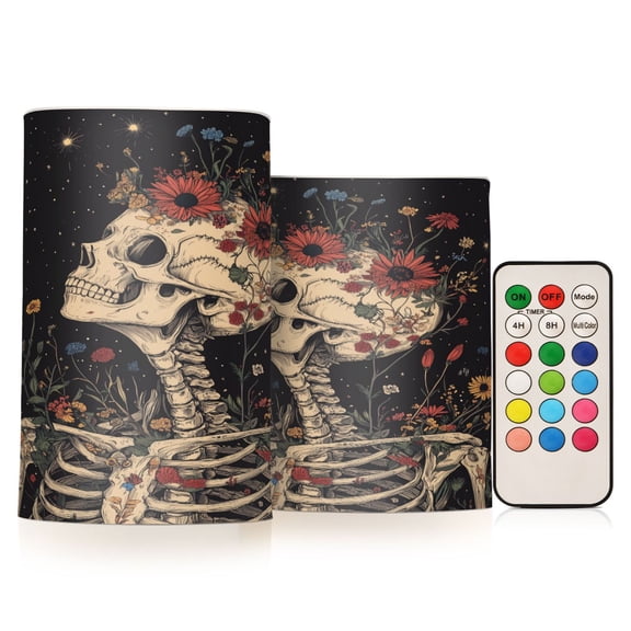 Yayeee Flameless Candles with Remote Flickering Battery Operated Multi Color Changing, Skeleton with Flowers Pattern
