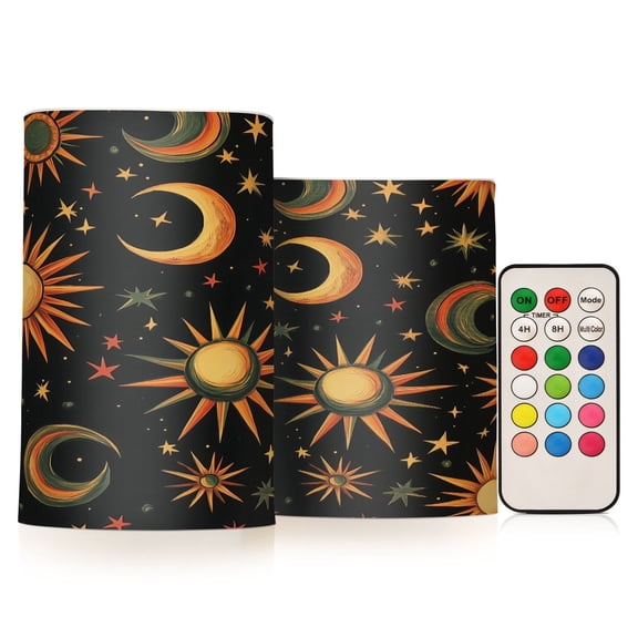 Yayeee Flameless Candles with Remote Flickering Battery Operated Multi Color Changing, Sun Moon and Stars Pattern