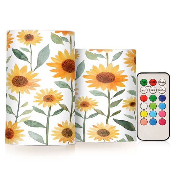 Yayeee Flameless Candles with Remote Flickering Battery Operated Multi Color Changing, Sunflowers and Leaves Pattern