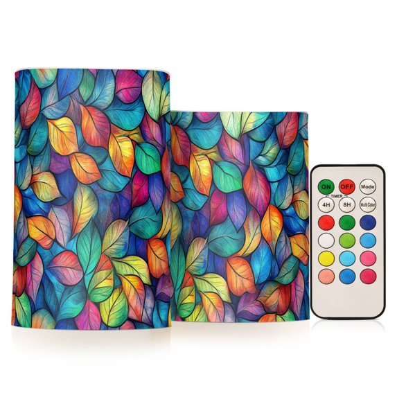 Yayeee Flameless Candles with Remote Flickering Battery Operated Multi Color Changing, Vibrant Art Leaves Pattern