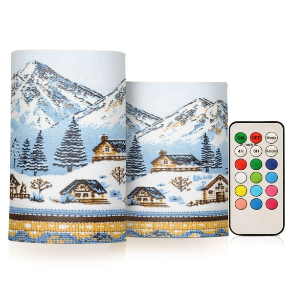Yayeee Flameless Candles with Remote Flickering Battery Operated Multi Color Changing, Winter Village