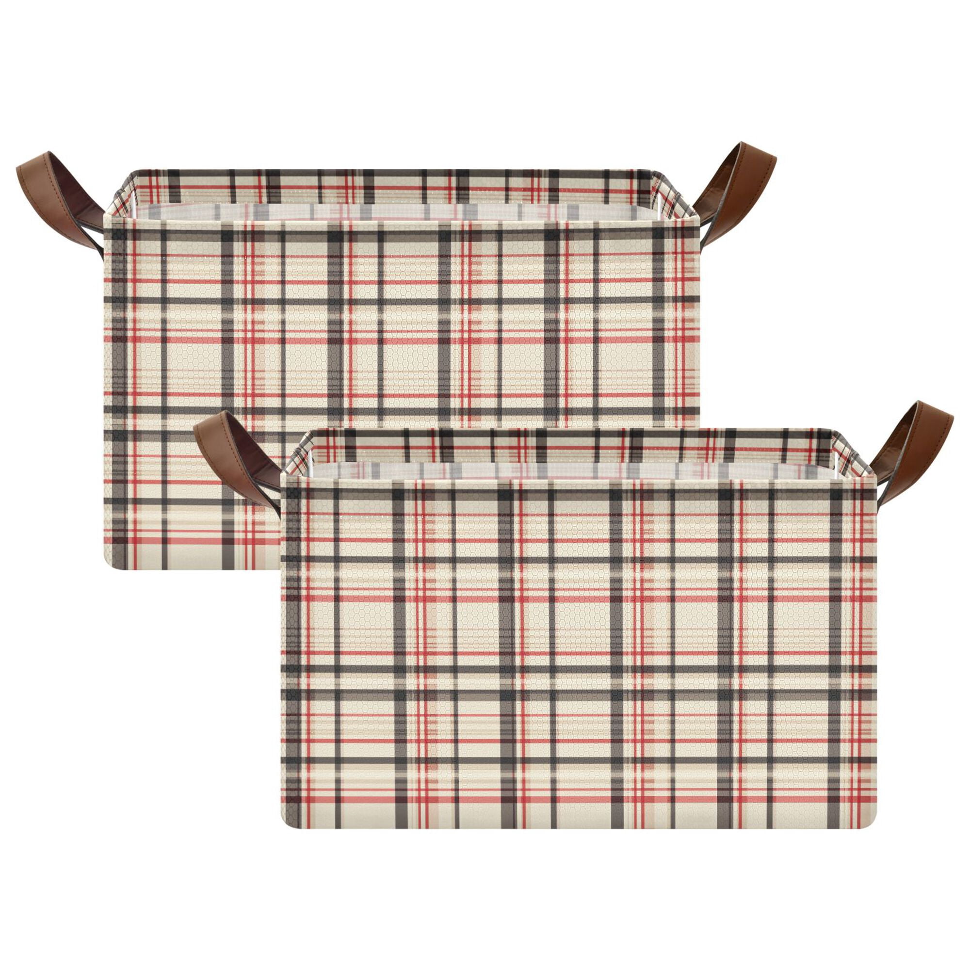 Yayeee Foldable Storage Basket for Shelves Set of 2 Waterproof Cloth Bins with Handles, Black Tartan