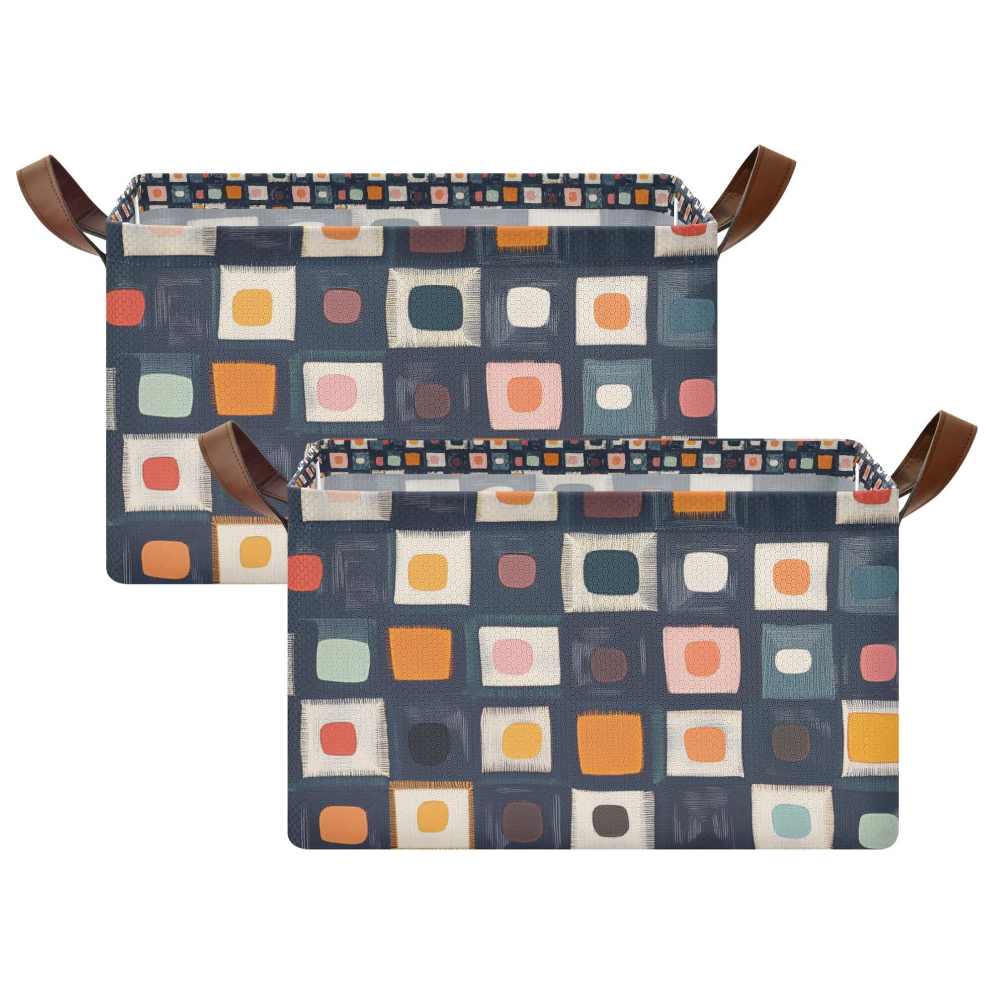 Yayeee Foldable Storage Basket for Shelves Set of 2 Waterproof Cloth Bins with Handles, Blue Circle Mosaic
