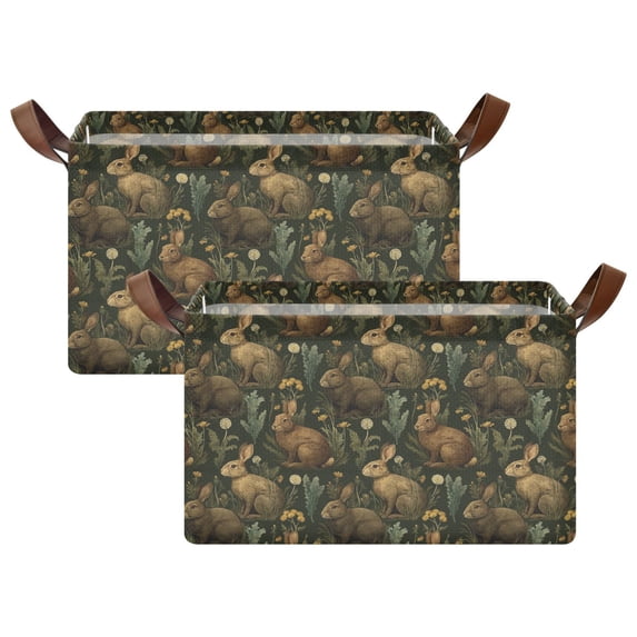 Yayeee Foldable Storage Basket for Shelves Set of 2 Waterproof Cloth Bins with Handles, Brown Floral Rabbits Pattern