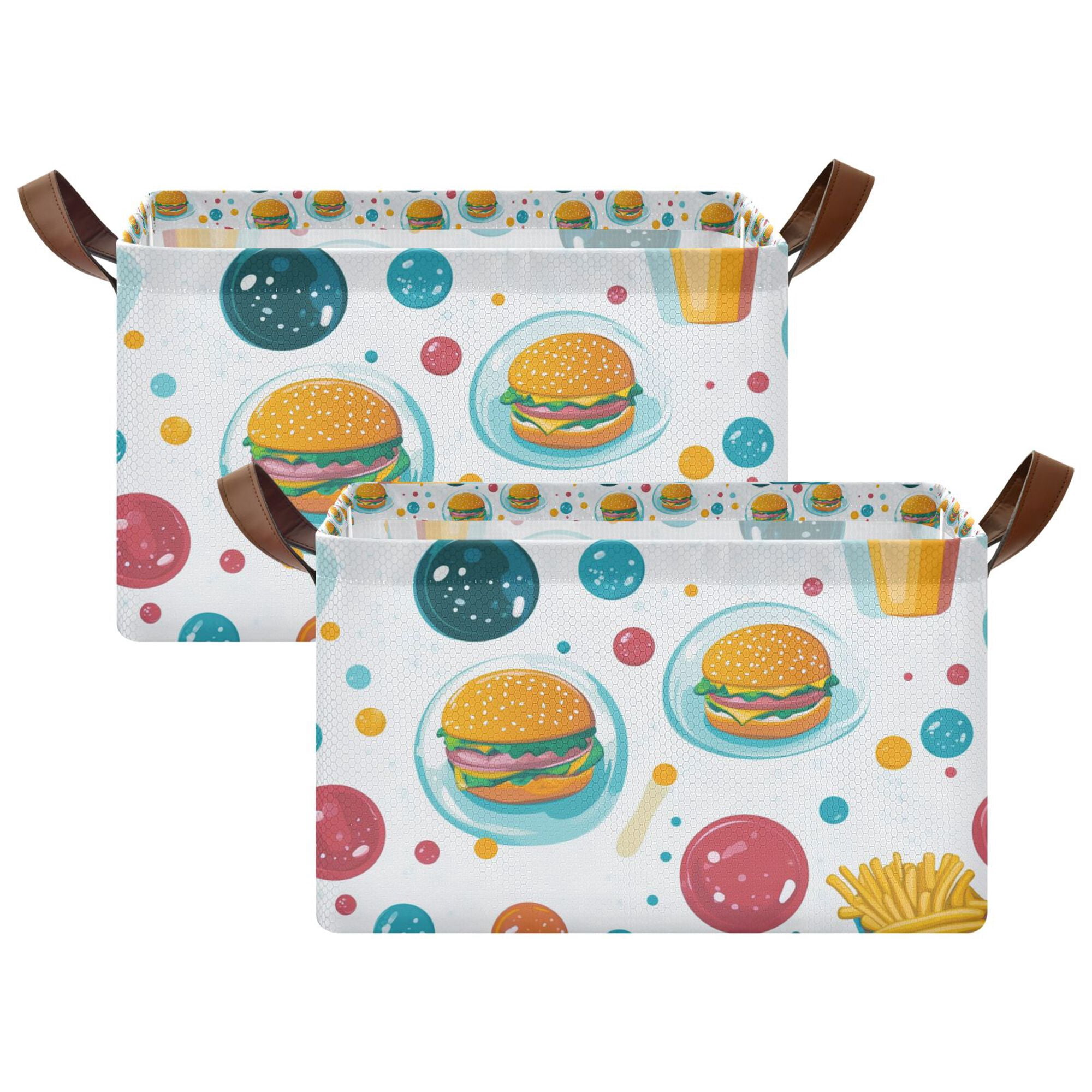 Yayeee Foldable Storage Basket for Shelves Set of 2 Waterproof Cloth Bins with Handles, Bubbles Hamburger