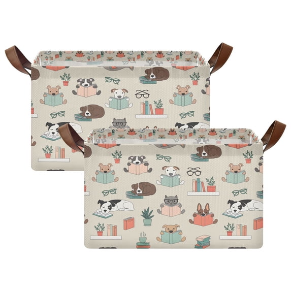 Yayeee Foldable Storage Basket for Shelves Set of 2 Waterproof Cloth Bins with Handles, Cartoon Dog Reading Pattern