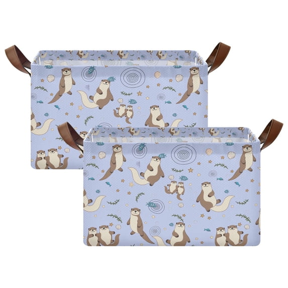 Yayeee Foldable Storage Basket for Shelves Set of 2 Waterproof Cloth Bins with Handles, Cartoon Otters Pattern