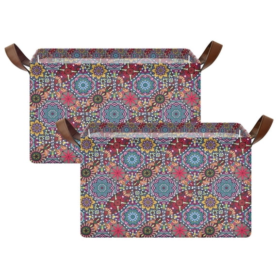 Yayeee Foldable Storage Basket for Shelves Set of 2 Waterproof Cloth Bins with Handles, Colorful Mandala Pattern