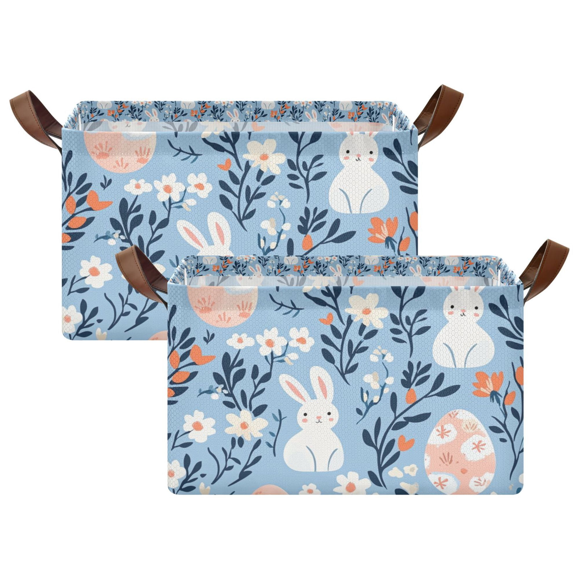 Yayeee Foldable Storage Basket for Shelves Set of 2 Waterproof Cloth Bins with Handles, Floral Easter Rabbits