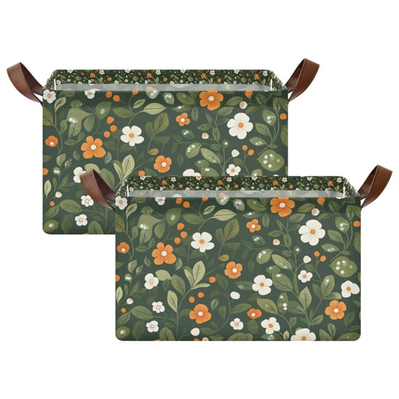 Yayeee Foldable Storage Basket for Shelves Set of 2 Waterproof Cloth Bins with Handles, Green Flowers Pattern