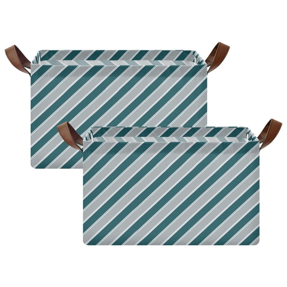 Yayeee Foldable Storage Basket for Shelves Set of 2 Waterproof Cloth Bins with Handles, Green Stripes Pattern