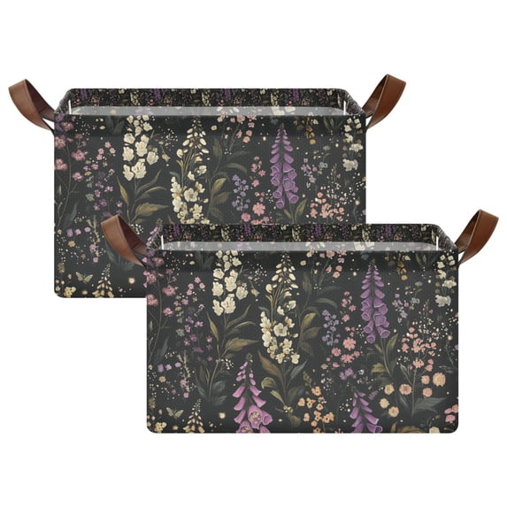 Yayeee Foldable Storage Basket for Shelves Set of 2 Waterproof Cloth Bins with Handles, Purple Floral Pattern