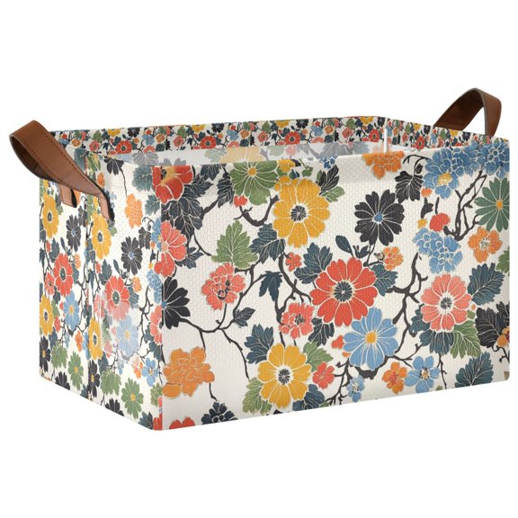 Yayeee Foldable Storage Basket for Shelves Waterproof Cloth Bins with Handles, Black Flowers Pattern
