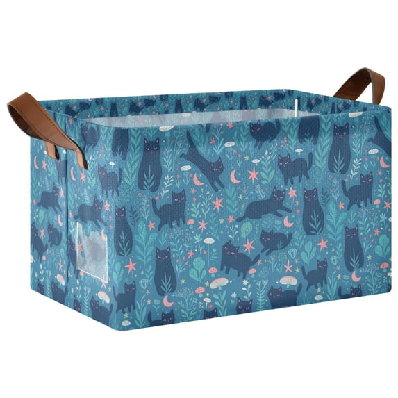 Yayeee Foldable Storage Basket for Shelves Waterproof Cloth Bins with Handles, Blue Forest Cat Pattern