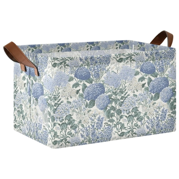 Yayeee Foldable Storage Basket for Shelves Waterproof Cloth Bins with Handles, Blue Hydrangeas Pattern