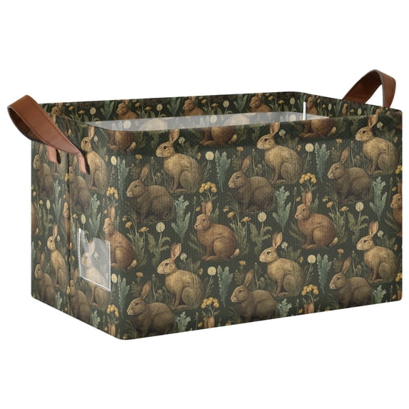 Yayeee Foldable Storage Basket for Shelves Waterproof Cloth Bins with Handles, Brown Floral Rabbits Pattern