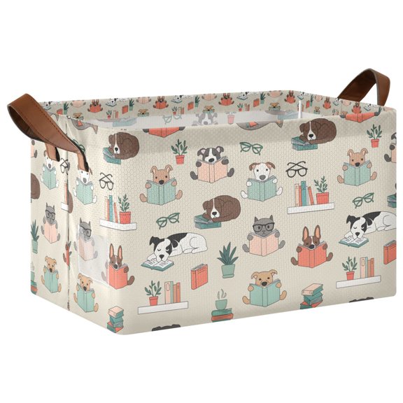 Yayeee Foldable Storage Basket for Shelves Waterproof Cloth Bins with Handles, Cartoon Dog Reading Pattern