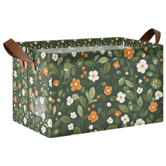 Yayeee Foldable Storage Basket for Shelves Waterproof Cloth Bins with Handles, Green Flowers Pattern