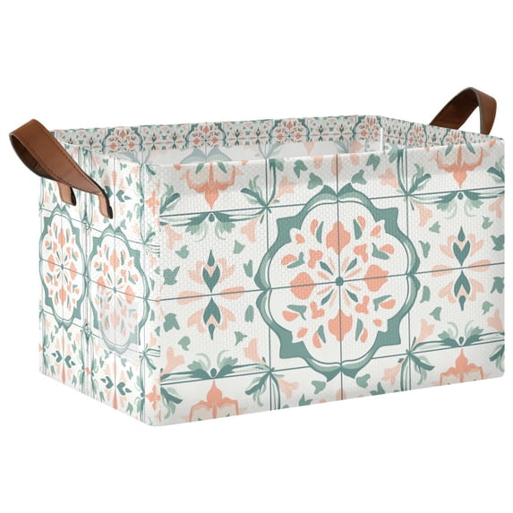 Yayeee Foldable Storage Basket for Shelves Waterproof Cloth Bins with Handles, Green Geometric Pattern