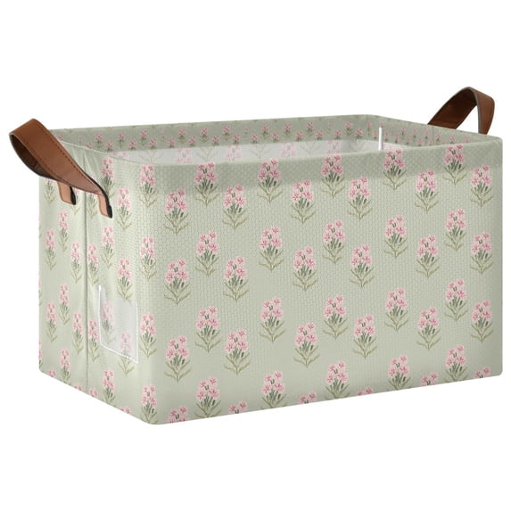Yayeee Foldable Storage Basket for Shelves Waterproof Cloth Bins with Handles, Green Wildflowers Pattern