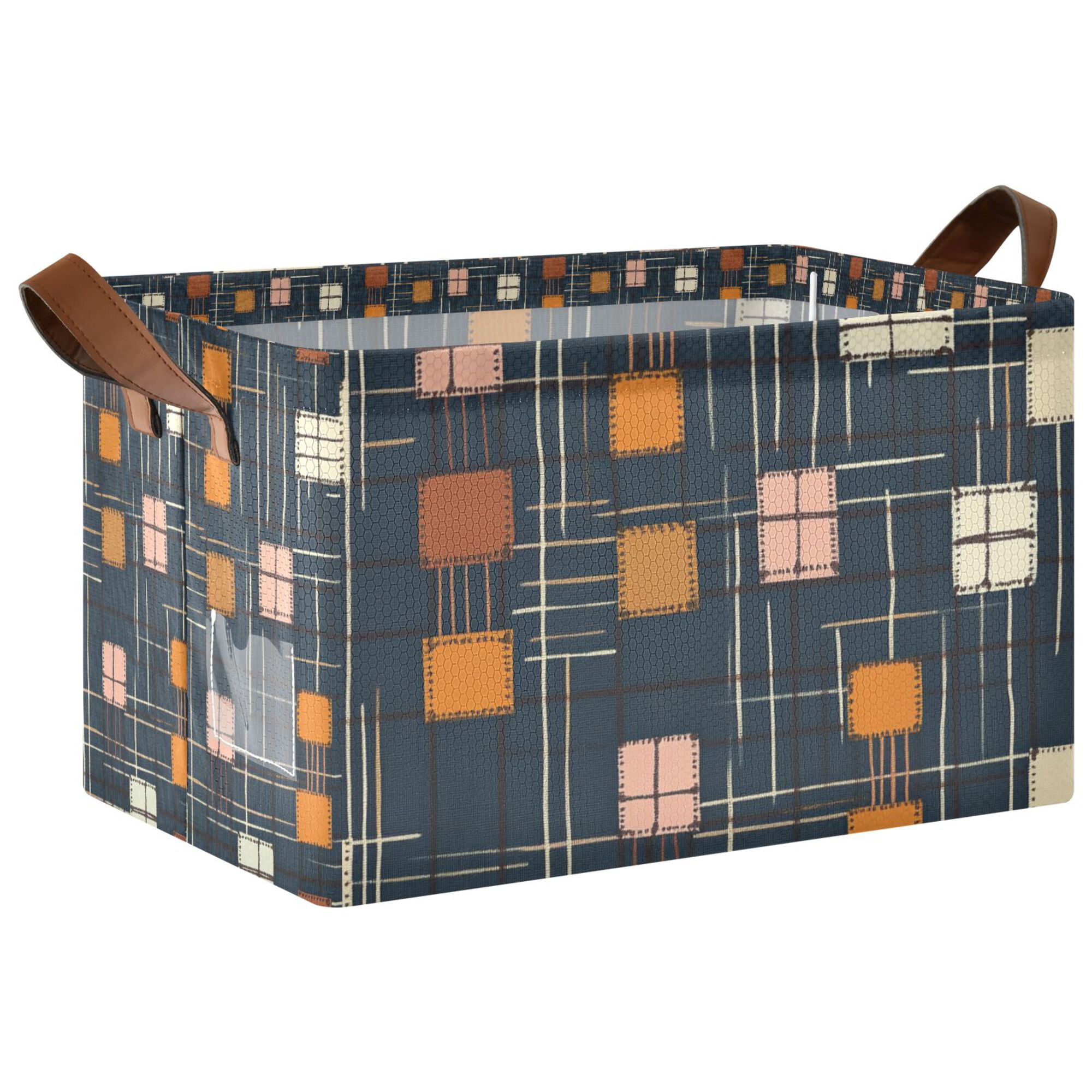 Yayeee Foldable Storage Basket for Shelves Waterproof Cloth Bins with Handles, Orange Checkered Pattern