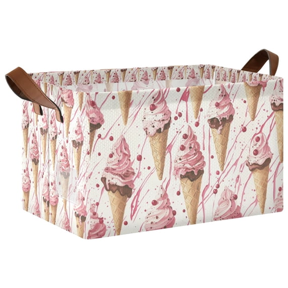 Yayeee Foldable Storage Basket for Shelves Waterproof Cloth Bins with Handles, Pink Ice Cream Pattern