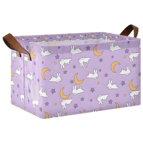 Yayeee Foldable Storage Basket for Shelves Waterproof Cloth Bins with Handles, Purple Cartoon Rabbit Pattern