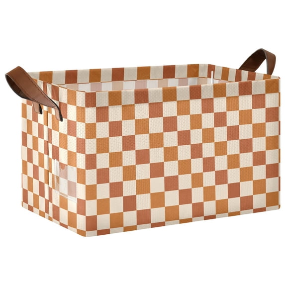 Yayeee Foldable Storage Basket for Shelves Waterproof Cloth Bins with Handles, Rusty Orange Plaid