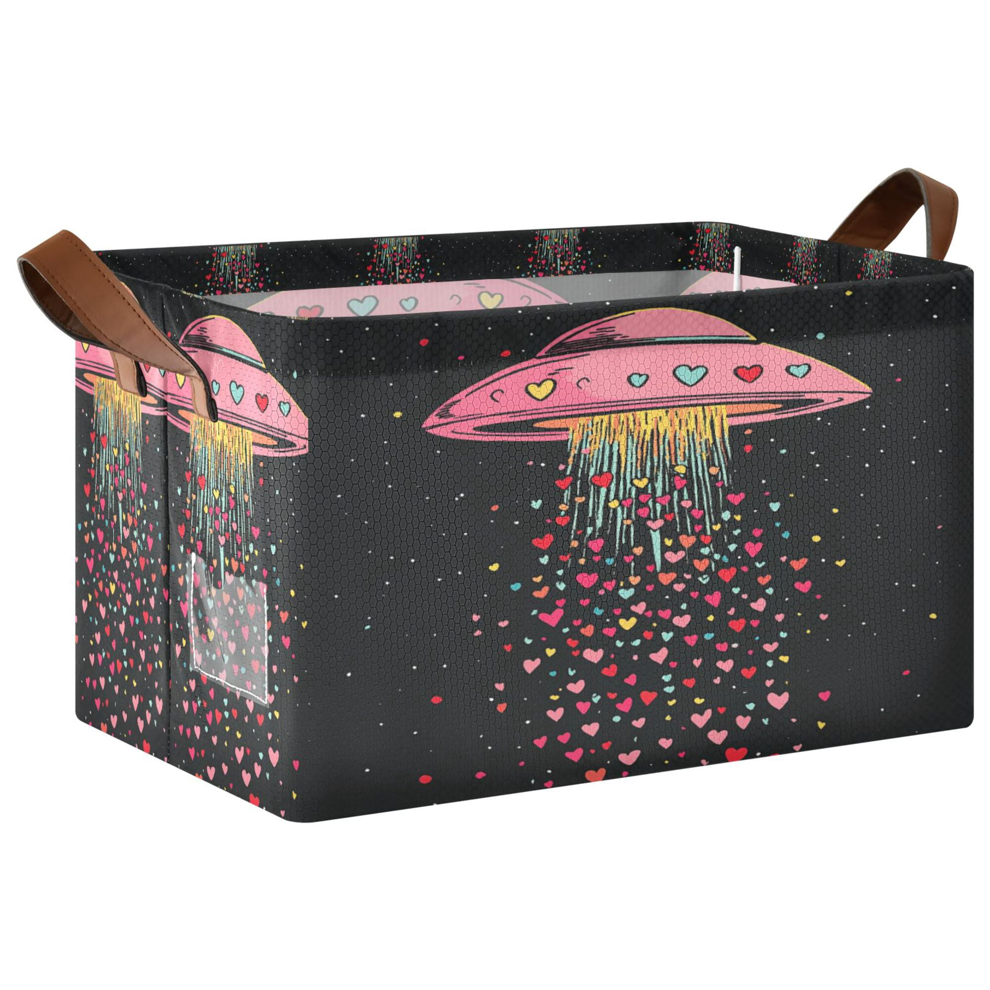 Yayeee Foldable Storage Basket for Shelves Waterproof Cloth Bins with Handles, UFO with Hearts Pattern