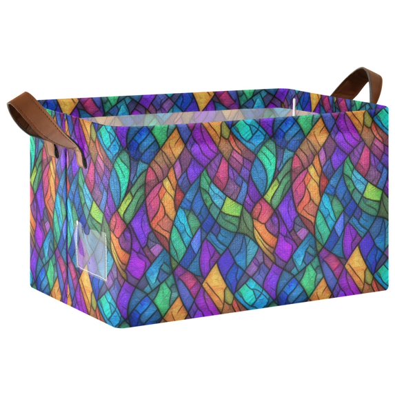 Yayeee Foldable Storage Basket for Shelves Waterproof Cloth Bins with Handles, Vibrant Stained Glass Pattern