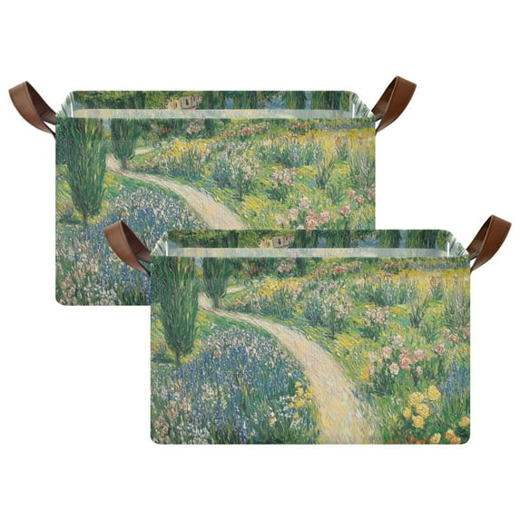Yayeee Foldable Storage Basket for Shelves with Handles Set of 2 Waterproof Cloth Bins, Art Garden Scene