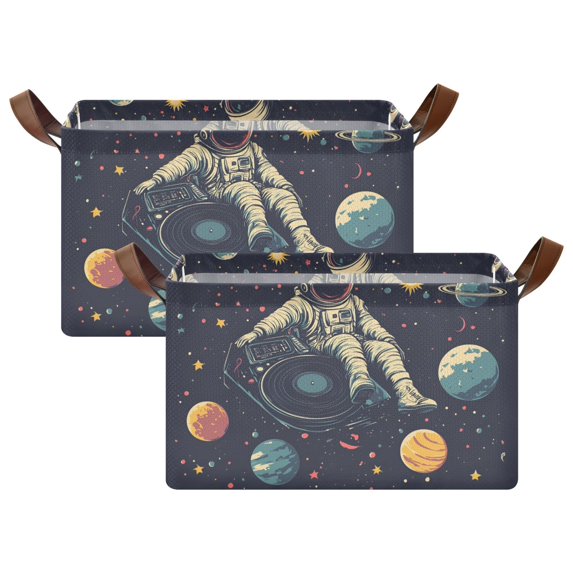 Yayeee Foldable Storage Basket for Shelves Set of 2 Waterproof Cloth Bins, Astronaut Space