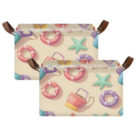 Yayeee Foldable Storage Basket for Shelves with Handles Set of 2 Waterproof Cloth Bins, Beach Toys Pattern