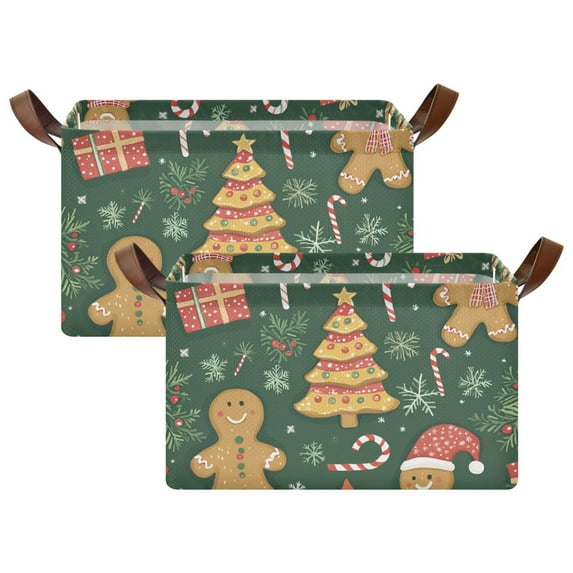 Yayeee Foldable Storage Basket for Shelves with Handles Set of 2 Waterproof Cloth Bins, Beige Christmas Gingerbread