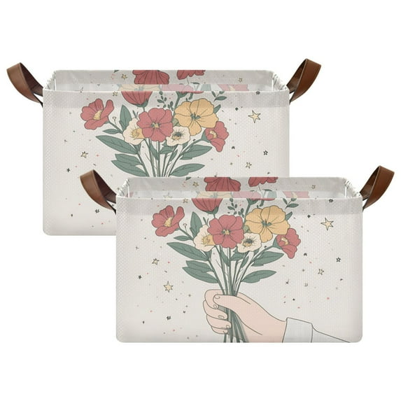 Yayeee Foldable Storage Basket for Shelves with Handles Set of 2 Waterproof Cloth Bins, Beige Cute Flower
