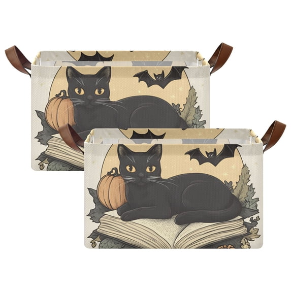 Yayeee Foldable Storage Basket for Shelves with Handles Set of 2 Waterproof Cloth Bins, Beige Halloween Cat