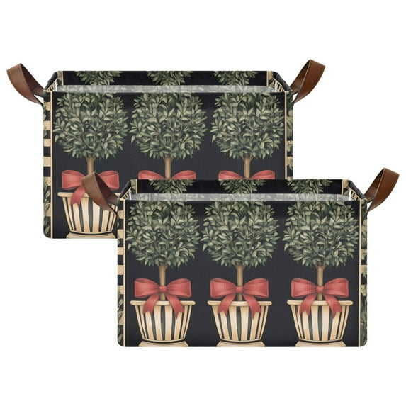 Yayeee Foldable Storage Basket for Shelves with Handles Set of 2 Waterproof Cloth Bins, Beige Striped Trees