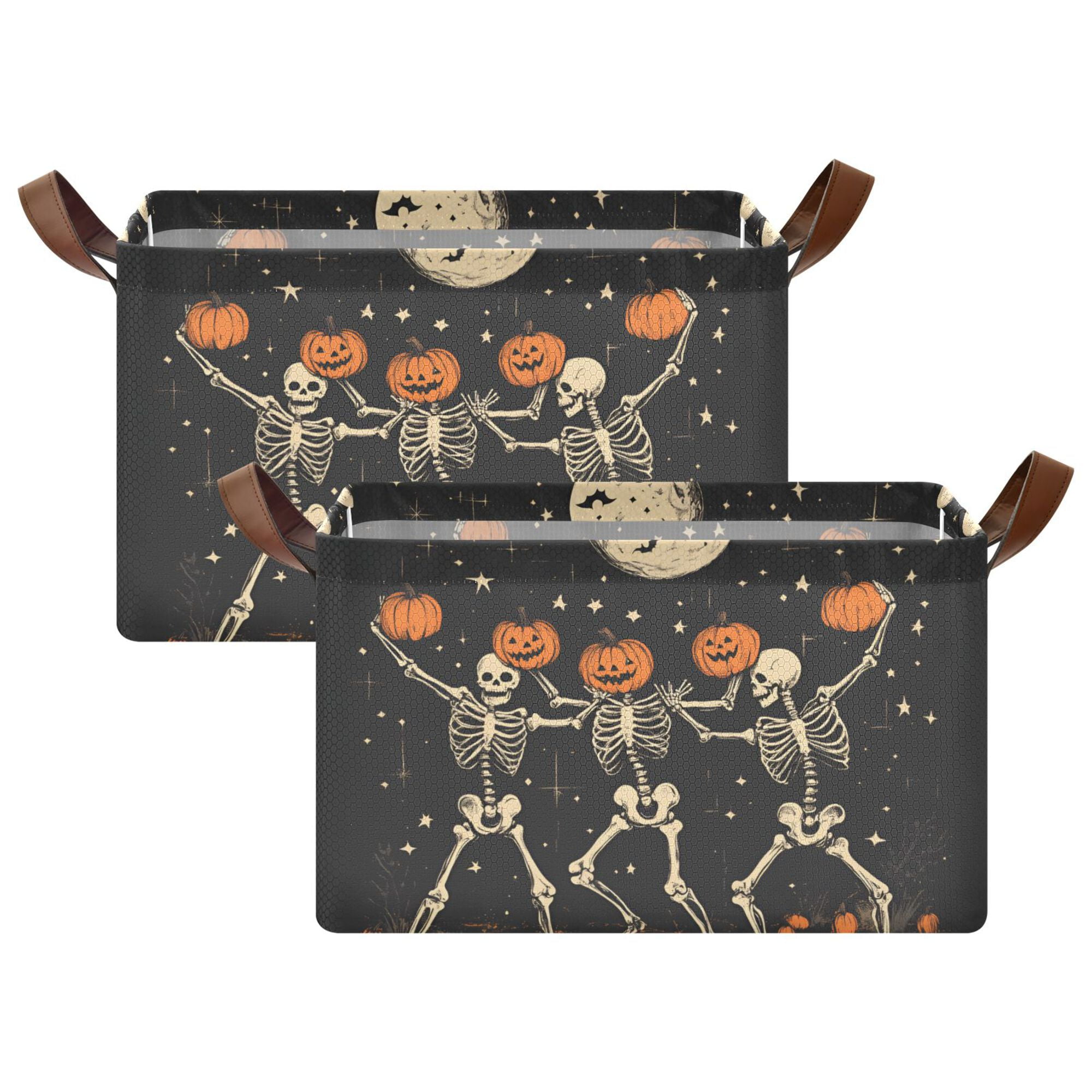 Yayeee Foldable Storage Basket for Shelves with Handles Set of 2 Waterproof Cloth Bins, Black Halloween Dancing Skeleton