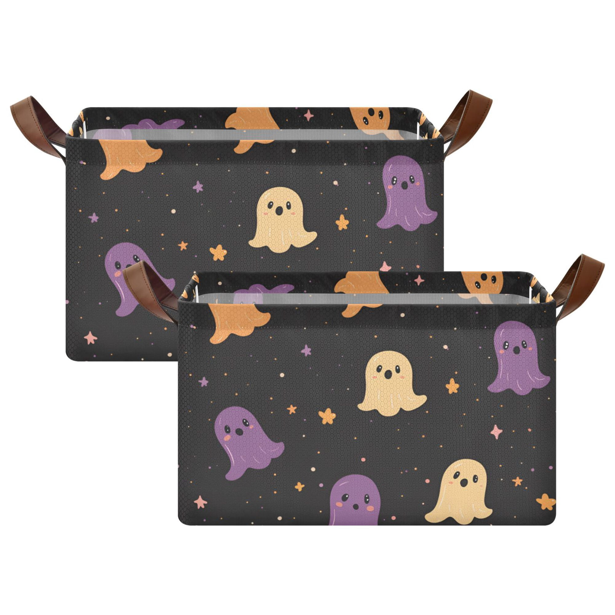 Yayeee Foldable Storage Basket for Shelves with Handles Set of 2 Waterproof Cloth Bins, Black Halloween Ghosts