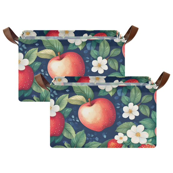 Yayeee Foldable Storage Basket for Shelves with Handles Set of 2 Waterproof Cloth Bins, Blue Apple Pattern