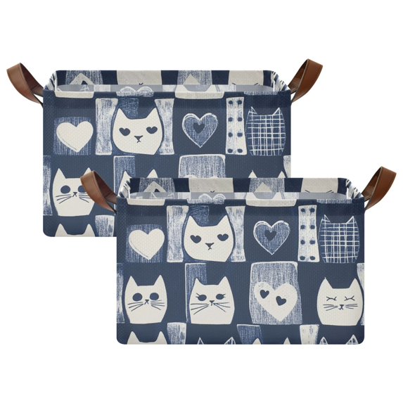 Yayeee Foldable Storage Basket for Shelves with Handles Set of 2 Waterproof Cloth Bins, Blue Cats and Hearts