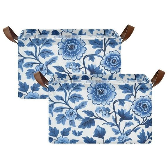 Yayeee Foldable Storage Basket for Shelves with Handles Set of 2 Waterproof Cloth Bins, Blue Floral Pattern