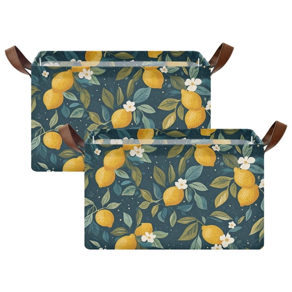 Yayeee Foldable Storage Basket for Shelves with Handles Set of 2 Waterproof Cloth Bins, Blue Lemons