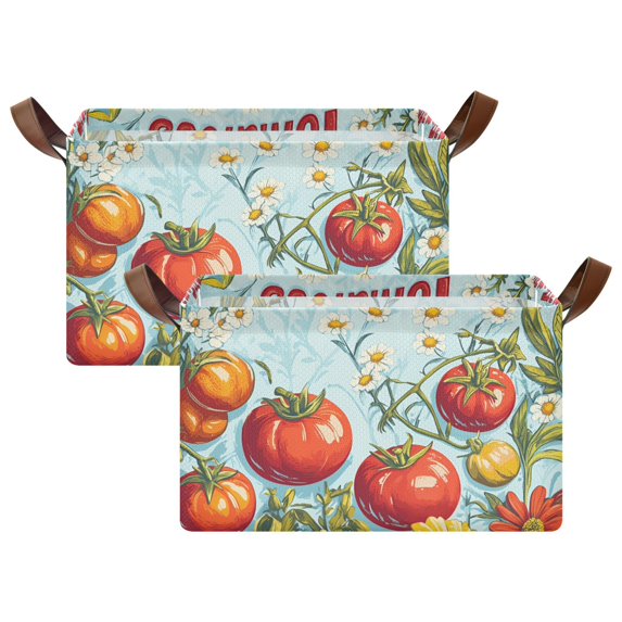 Yayeee Foldable Storage Basket for Shelves with Handles Set of 2 Waterproof Cloth Bins, Blue Tomatoes