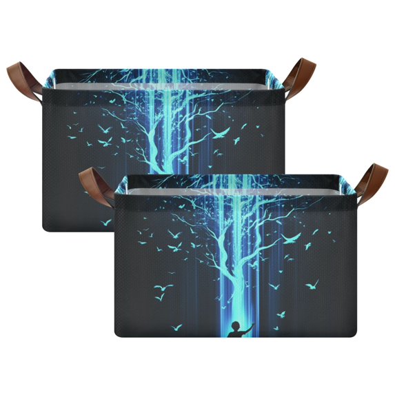 Yayeee Foldable Storage Basket for Shelves with Handles Set of 2 Waterproof Cloth Bins, Blue Tree