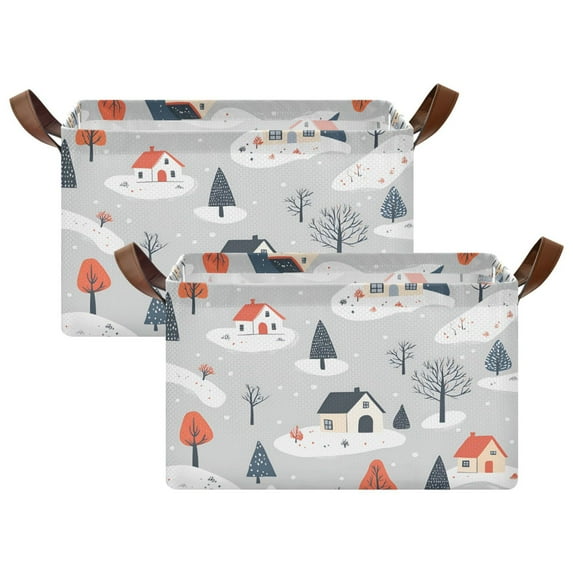 Yayeee Foldable Storage Basket for Shelves with Handles Set of 2 Waterproof Cloth Bins, Cartoon Blue Houses