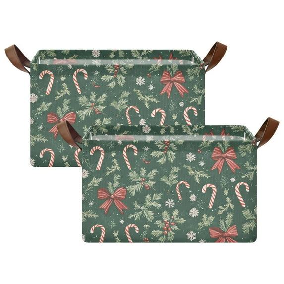 Yayeee Foldable Storage Basket for Shelves with Handles Set of 2 Waterproof Cloth Bins, Christmas Candy Cane