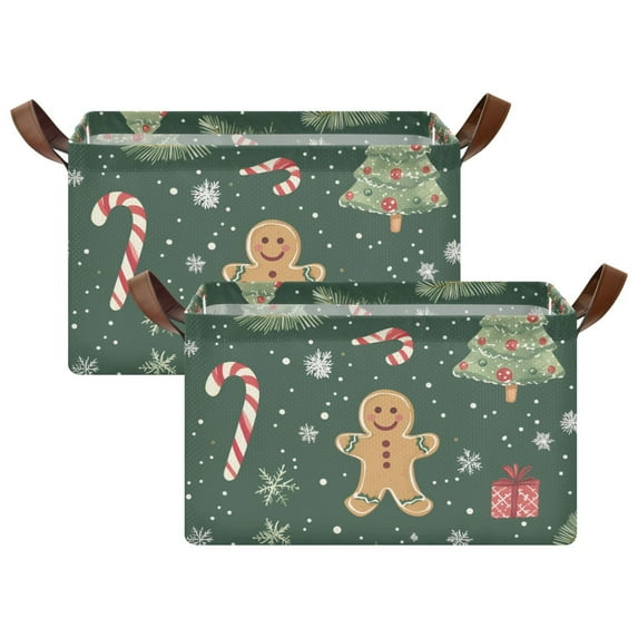 Yayeee Foldable Storage Basket for Shelves with Handles Set of 2 Waterproof Cloth Bins, Christmas Gingerbread