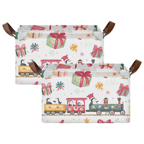 Yayeee Foldable Storage Basket for Shelves with Handles Set of 2 Waterproof Cloth Bins, Christmas Penguin